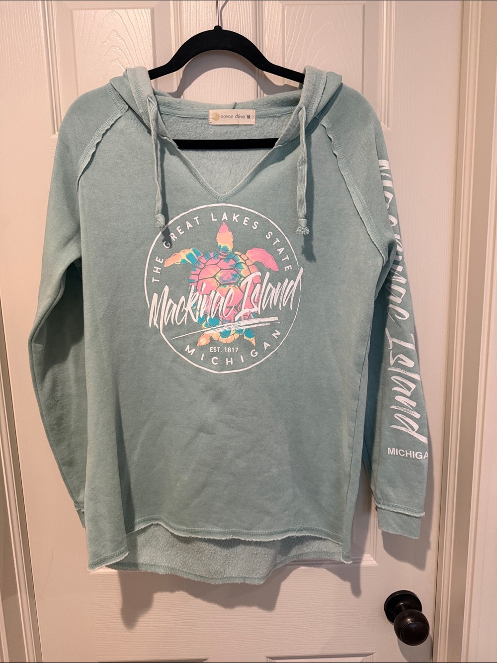 Mackinac Island V-Neck Hooded Sweater with Multicolor Graphic